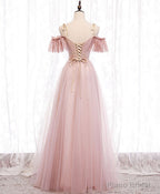 Pink V-neckline Lace Off Shoulder Long Party Dress, Pink Floor Length Formal Dress