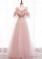 Pink V-neckline Lace Off Shoulder Long Party Dress, Pink Floor Length Formal Dress