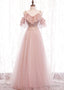 Pink V-neckline Lace Off Shoulder Long Party Dress, Pink Floor Length Formal Dress