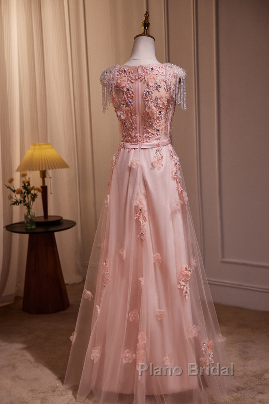 Pink V-Neckline Tulle Beaded With Lace Applique Formal Prom Dresses, Pink Party Dresses Secondary image