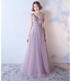Pink V-Neckline Tulle With Flowers Beaded Long Party Dresses, Junior Formal Prom Dresses