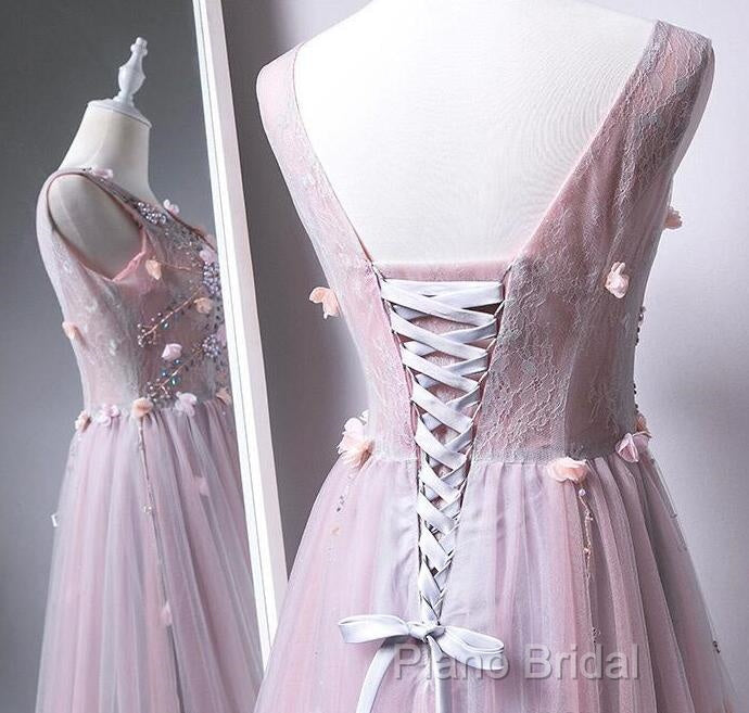 Pink V-Neckline Tulle With Flowers Beaded Long Party Dresses, Junior Formal Prom Dresses