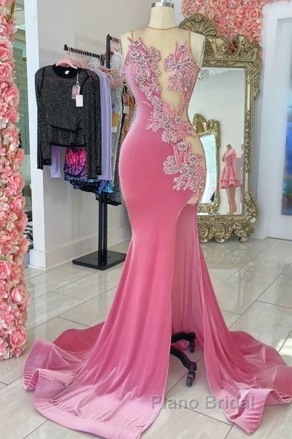Pink Velvet Applique Beaded Formal Prom Dresses, Sexy Mermaid Slit Evening Dresses Main image