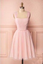 Pink Vintage Tulle Knee Length Homecoming Dresses Straps Graduation Dresses