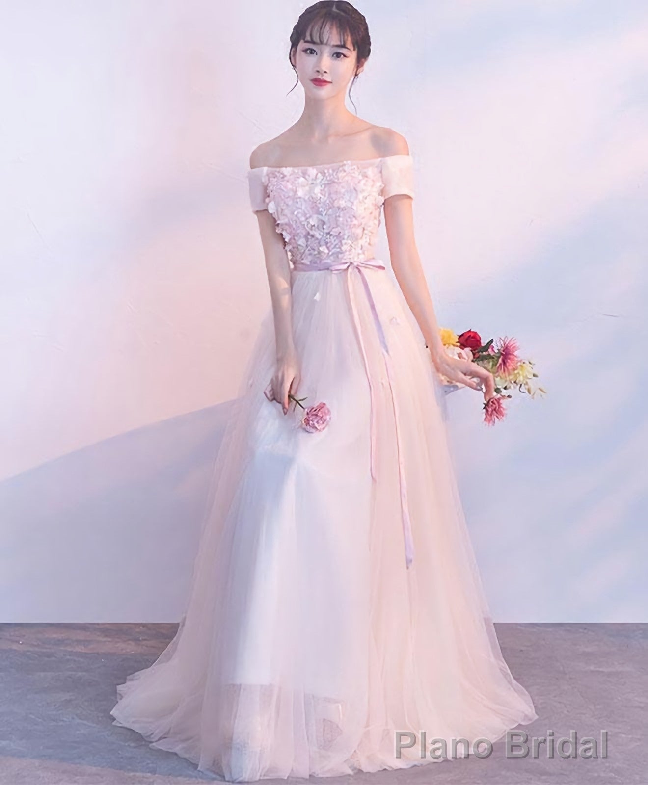 Pink Tulle Off Shoulder Long Prom Dress Pink Evening Dress Secondary image