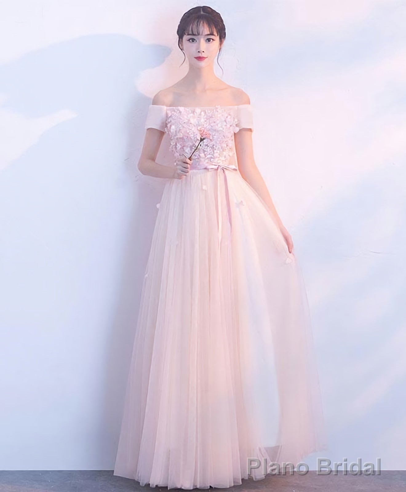 Pink Tulle Off Shoulder Long Prom Dress Pink Evening Dress