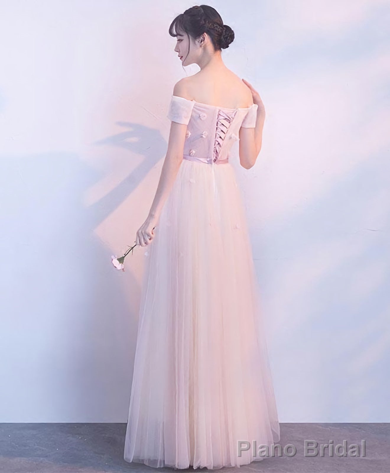 Pink Tulle Off Shoulder Long Prom Dress Pink Evening Dress