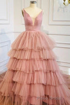 Blue V Neck Tiered Sleeveless Tulle Formal Prom Dresses, Gorgeous Long Party Dresses