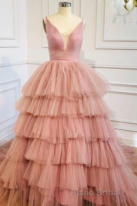 Blue V Neck Tiered Sleeveless Tulle Formal Prom Dresses, Gorgeous Long Party Dresses