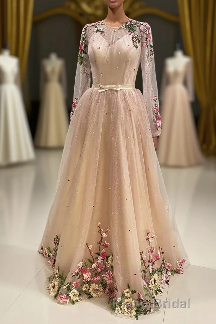 A Line Tulle Long Formal Prom Dresses with Flowers, Pink Long Sleeves Party Dresses with Beading Main image