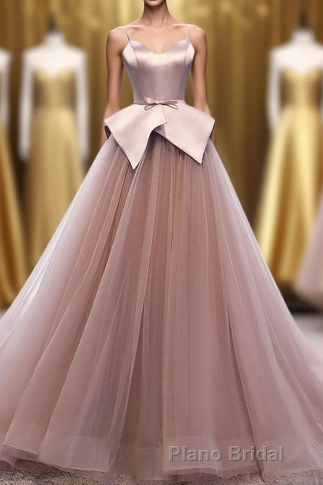 Pink Spaghetti Straps Tulle Long Formal Prom Dresses, Unique Long Wedding Dess Main image