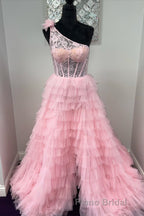 One Shoulder Lace and Tulle Tiered Ruffle Formal Prom Dresses