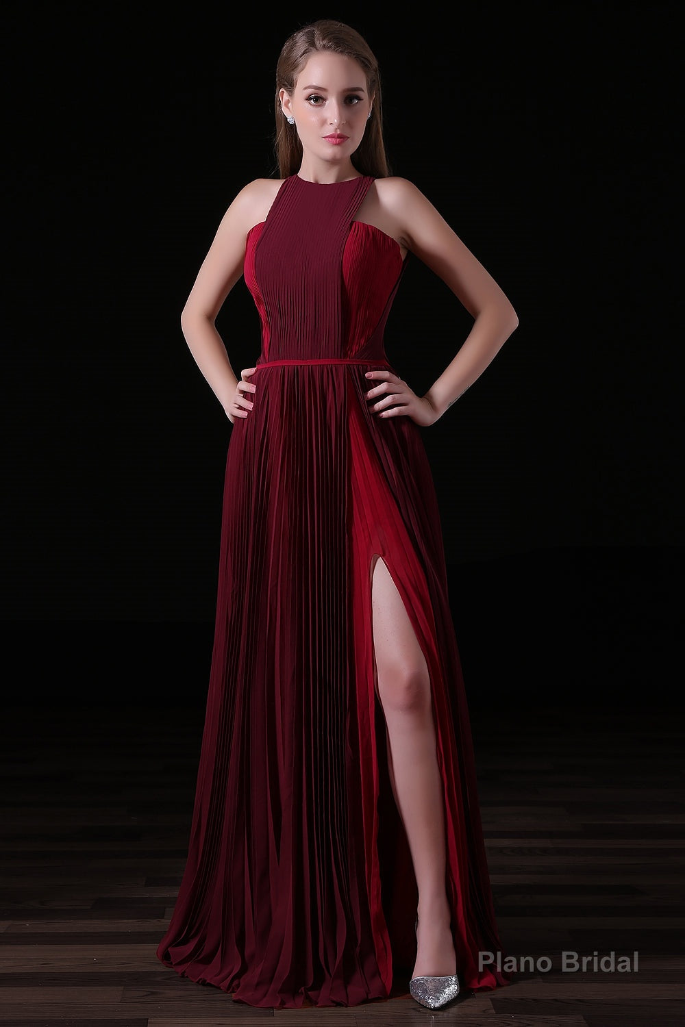 Pleat Draped Side Slit Off Shoulder Zipper Burgundy Bridesmaid Dresses Main image
