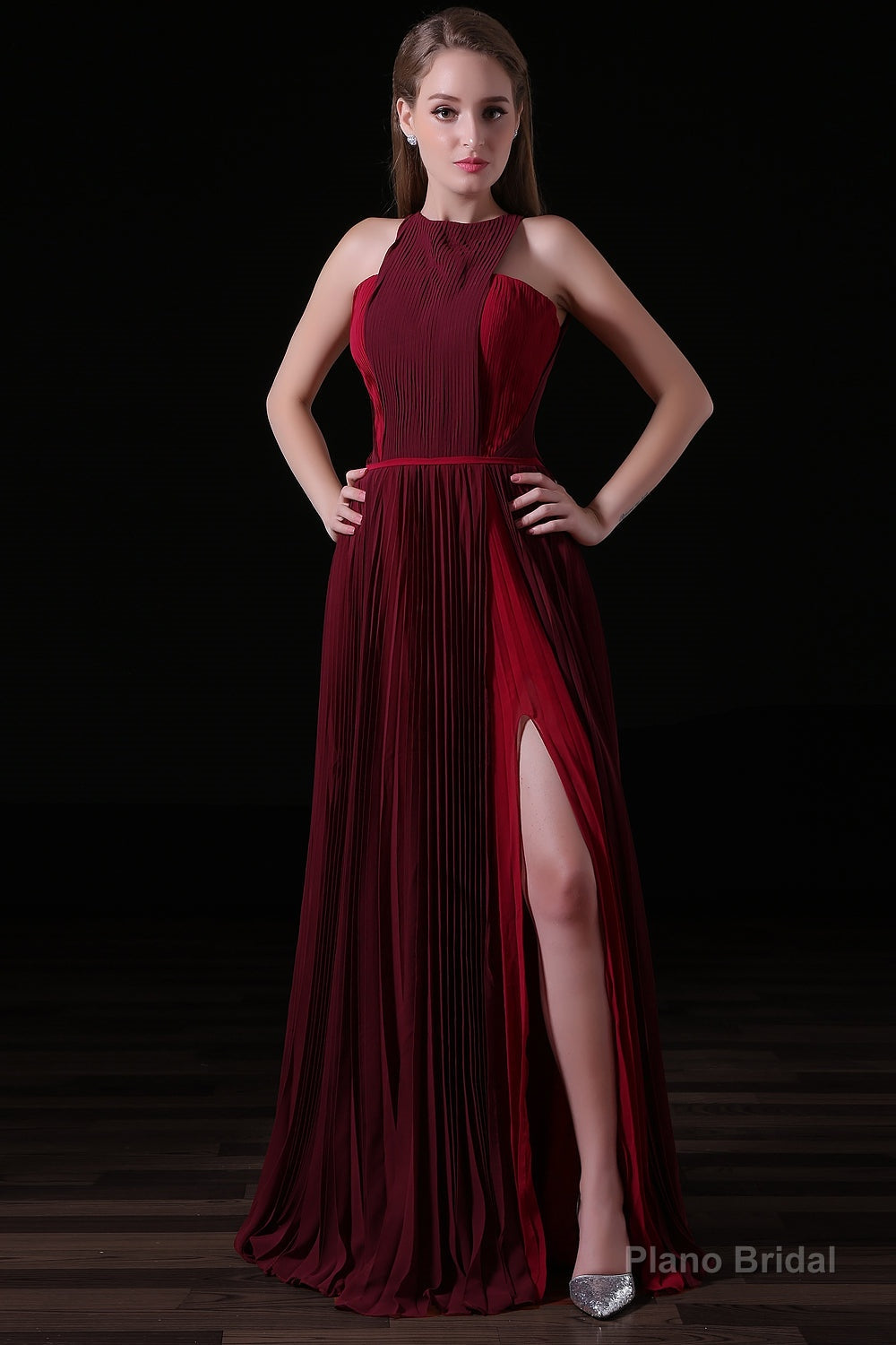 Pleat Draped Side Slit Off Shoulder Zipper Burgundy Bridesmaid Dresses