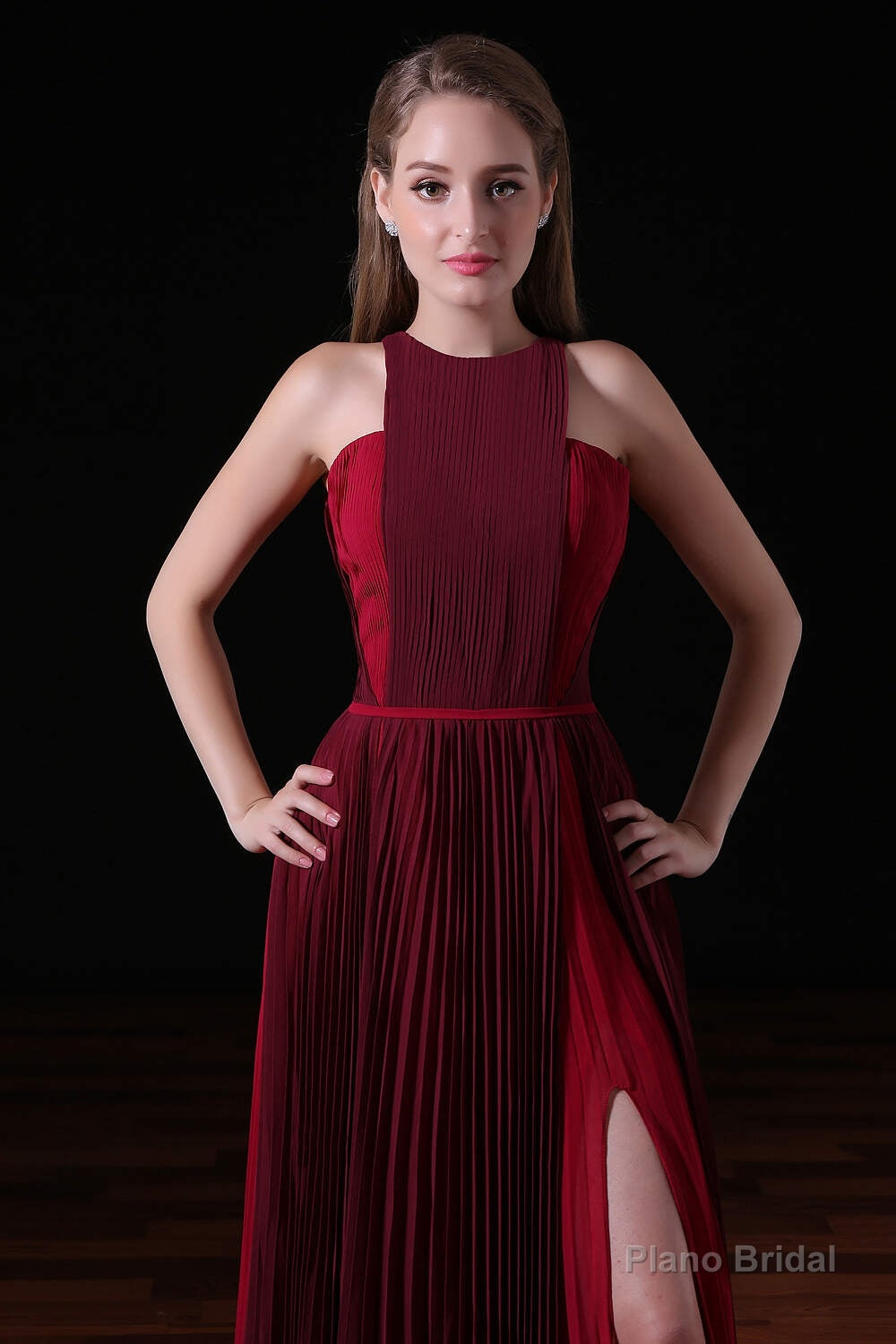 Pleat Draped Side Slit Off Shoulder Zipper Burgundy Bridesmaid Dresses Secondary image