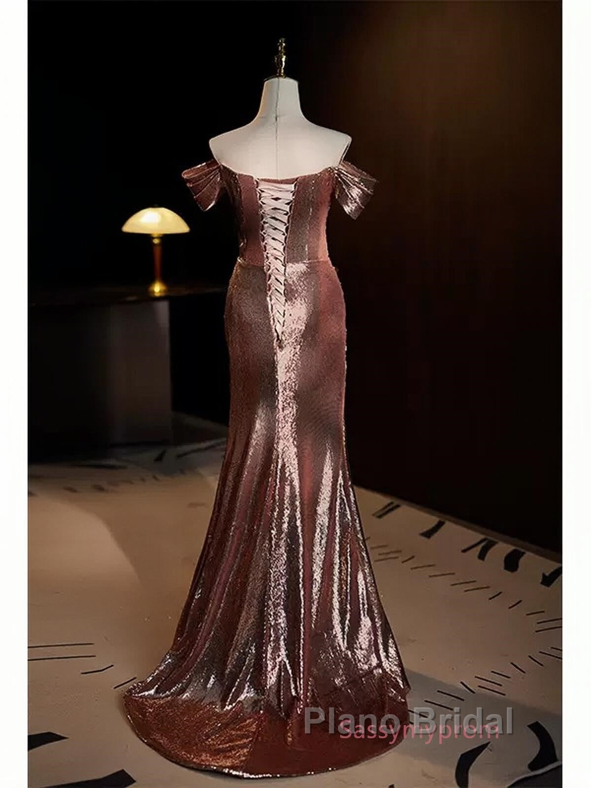 Pleat Trumpet Mermaid Coffee Sequin Formal Prom Dresses With Slit