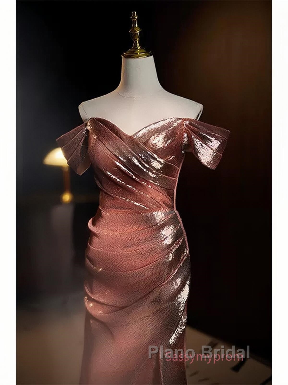 Pleat Trumpet Mermaid Coffee Sequin Formal Prom Dresses With Slit