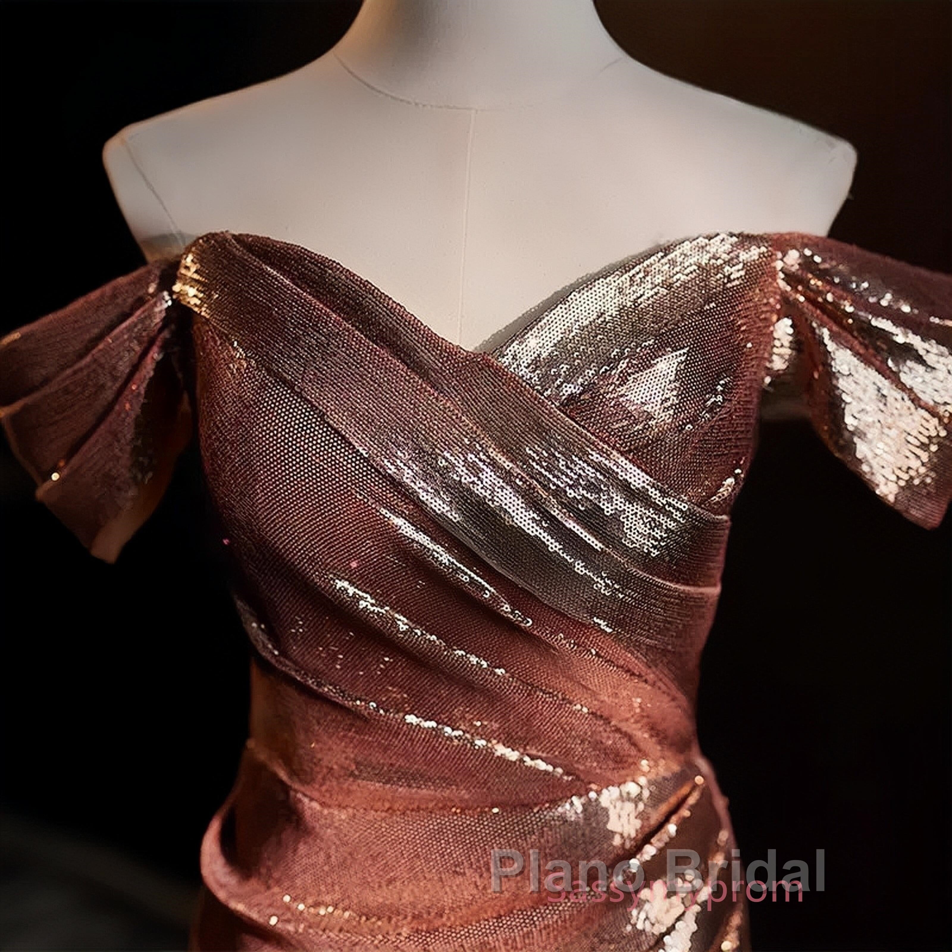 Pleat Trumpet Mermaid Coffee Sequin Formal Prom Dresses With Slit