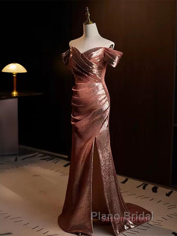 Pleat Trumpet Mermaid Coffee Sequin Formal Prom Dresses With Slit