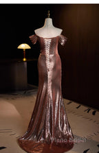 Pleat Trumpet Mermaid Coffee Sequin Formal Prom Dresses With Slit