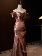 Pleat Trumpet Mermaid Coffee Sequin Formal Prom Dresses With Slit