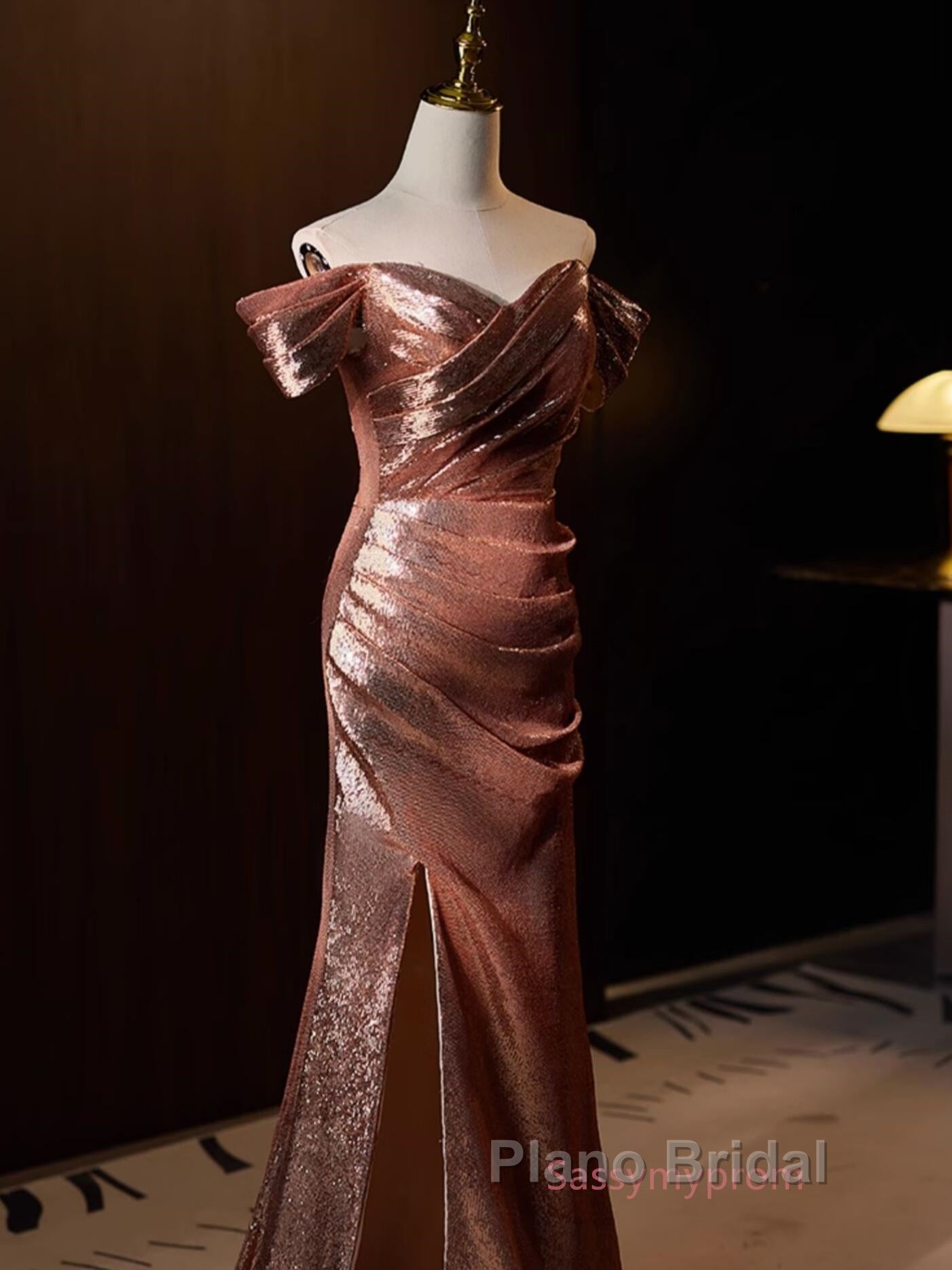 Pleat Trumpet Mermaid Coffee Sequin Formal Prom Dresses With Slit