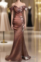 Pleat Trumpet Mermaid Coffee Sequin Formal Prom Dresses With Slit