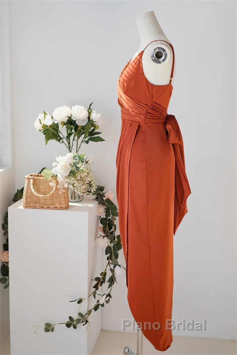 Pleated Pumpkin Sheath Bridesmaid Dresses With Belt