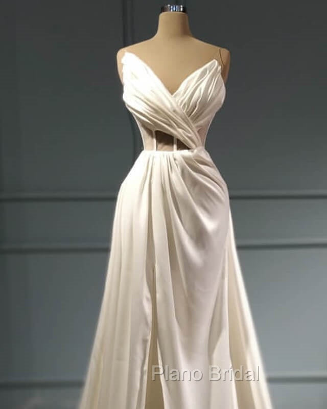Pleated V Neck High Slit Satin Wedding Dresses Secondary image