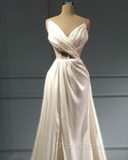 Pleated V Neck High Slit Satin Wedding Dresses