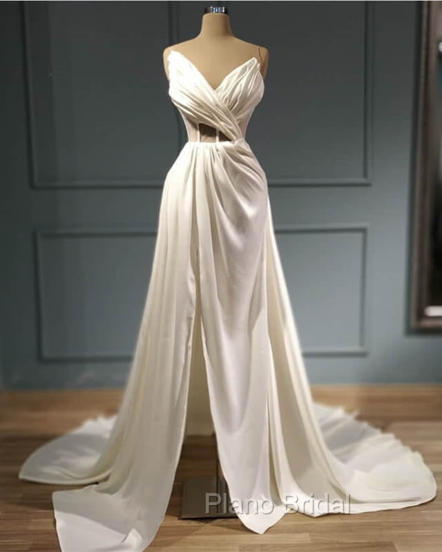 Pleated V Neck High Slit Satin Wedding Dresses