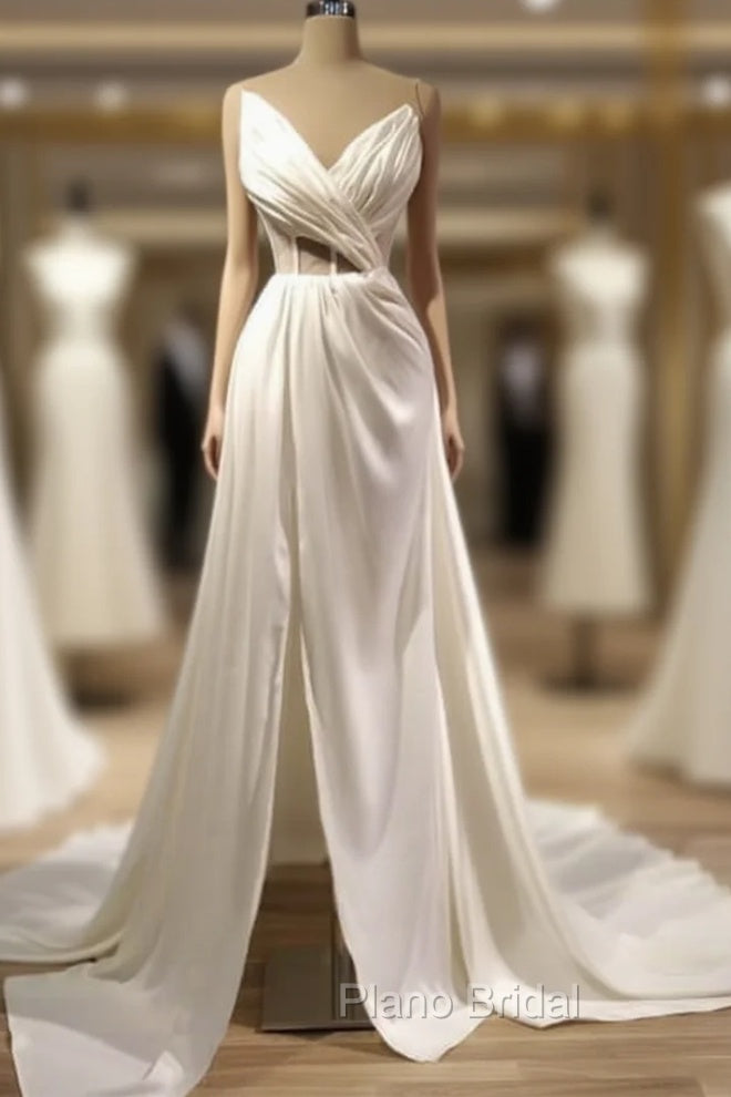Pleated V Neck High Slit Satin Wedding Dresses
