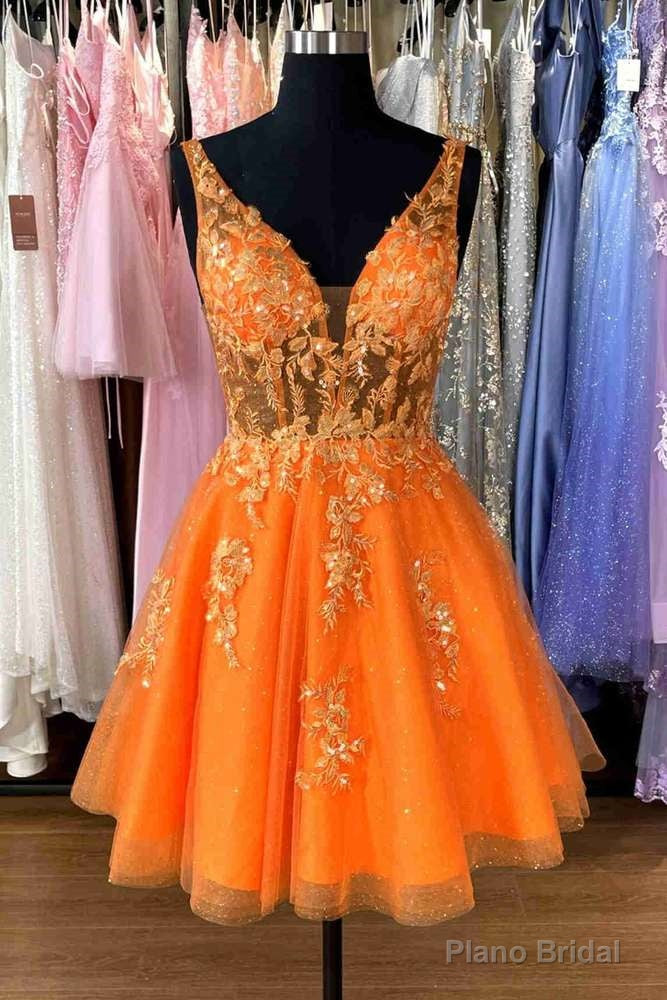 Plunging Neck Orange Appliques Short Party Dress Main image