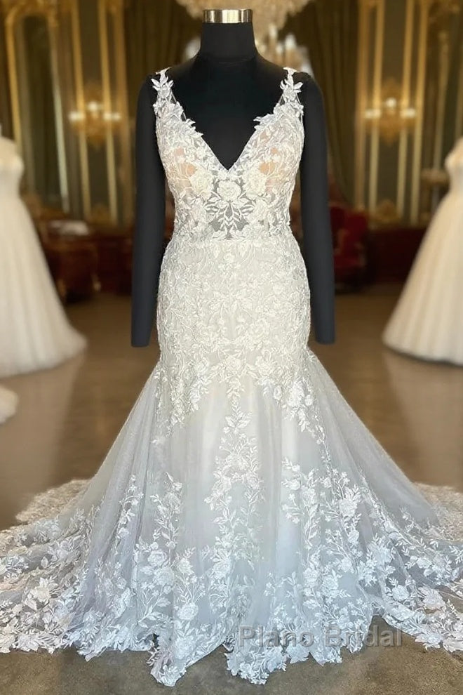 Plunging V Neck Appliques Trumpet Sweeping Wedding Dresses Main image