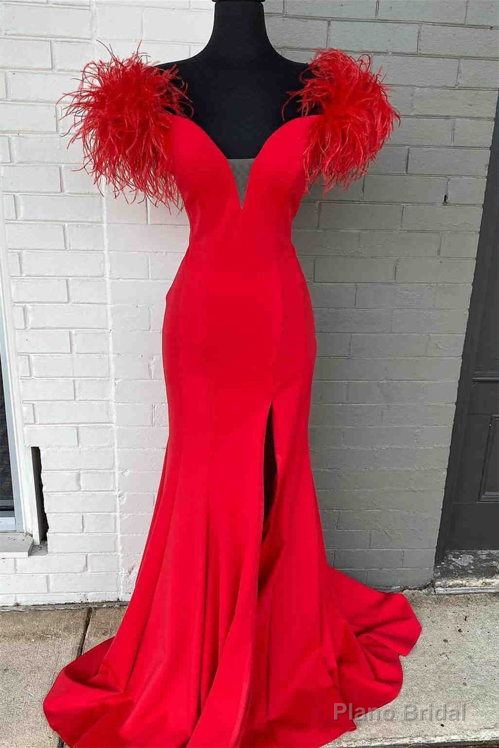 Plunging V-Neck Off the Shoulder Feathered Red Long Party Dress Main image