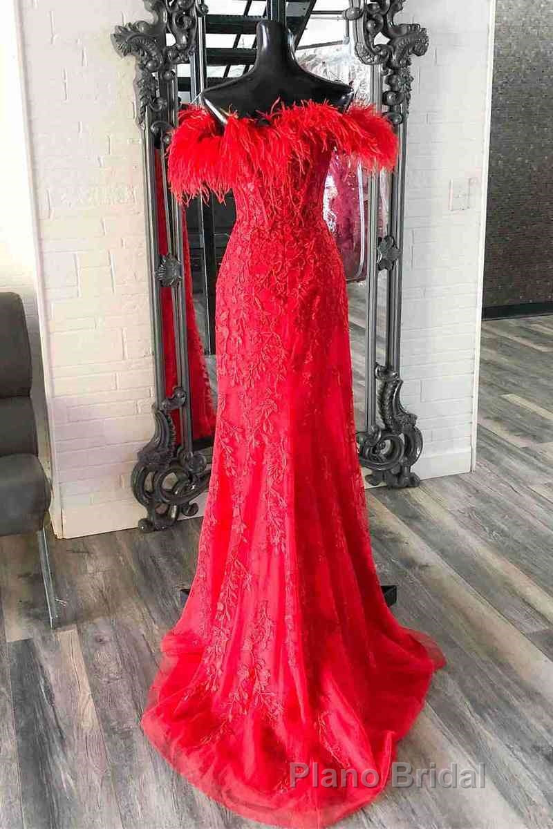Plunging V-Neck Red Feather Shoulder Long Formal Prom Dresses Gala Evening Gown
