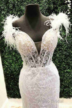 Plunging V-Neck Red Feather Shoulder Long Formal Prom Dresses Gala Evening Gown