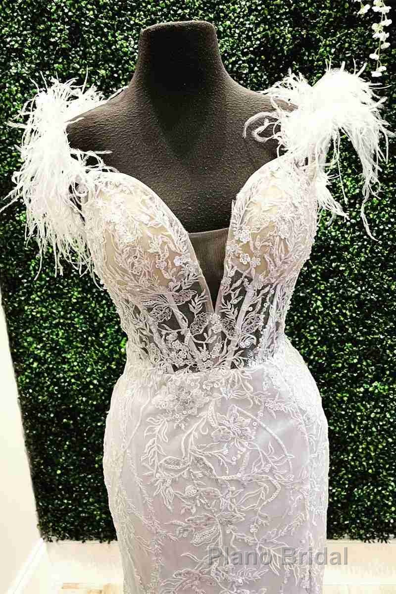 Plunging V-Neck Red Feather Shoulder Long Formal Prom Dresses Gala Evening Gown