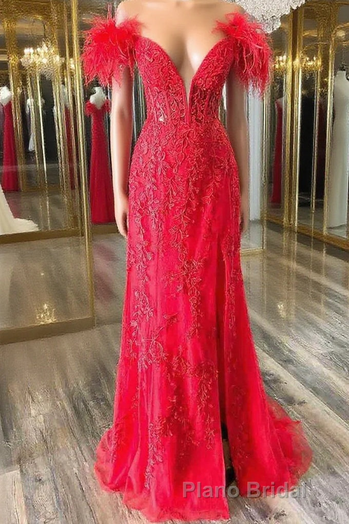 Plunging V-Neck Red Feather Shoulder Long Formal Prom Dresses Gala Evening Gown Main image