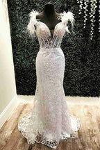 Plunging V-Neck Red Feather Shoulder Long Formal Prom Dresses Gala Evening Gown