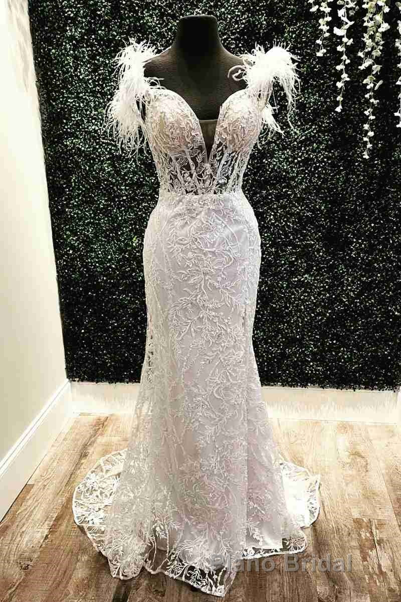 Plunging V-Neck Red Feather Shoulder Long Formal Prom Dresses Gala Evening Gown