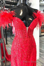 Plunging V-Neck Red Feather Shoulder Long Formal Prom Dresses Gala Evening Gown