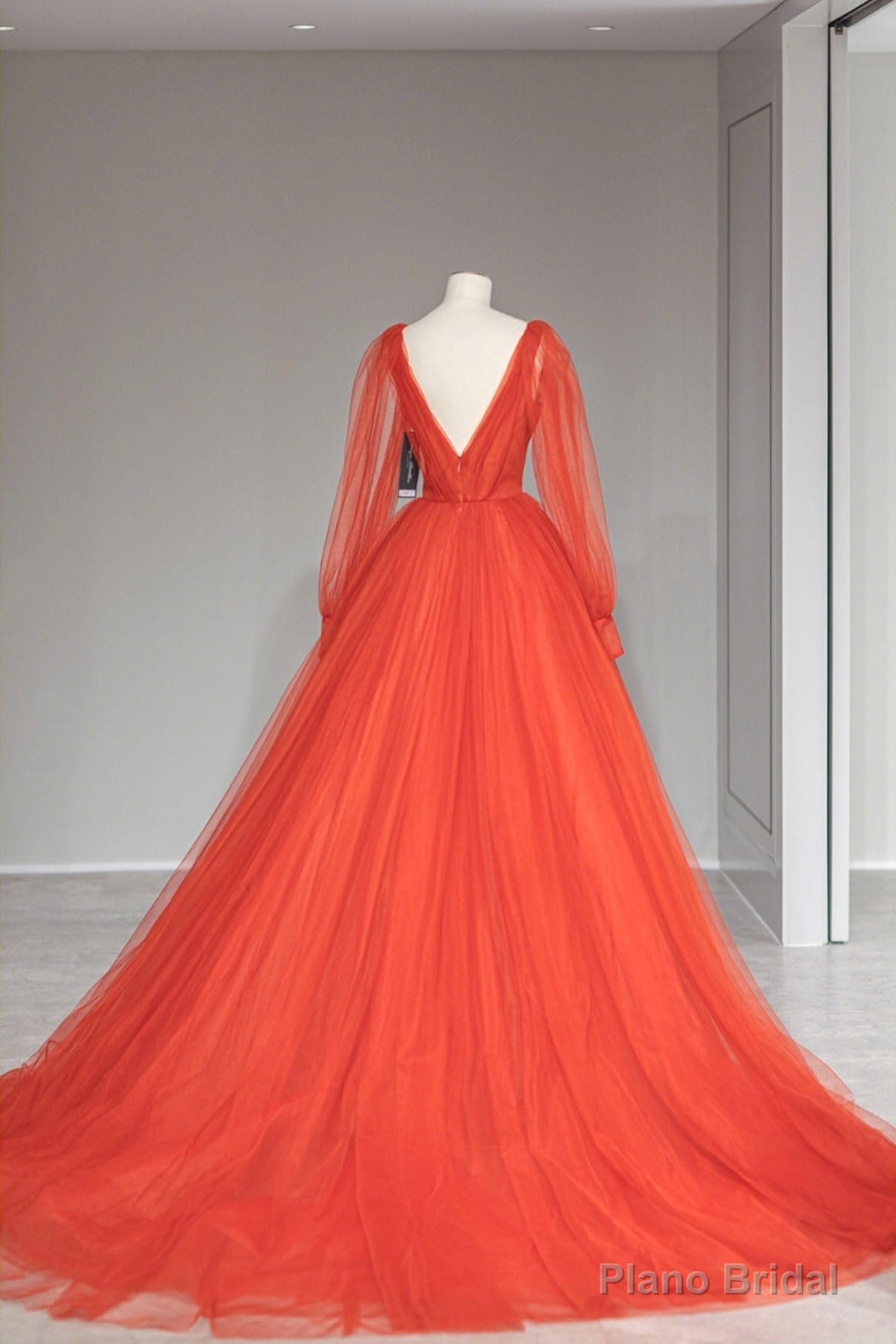 Plunging V-Neck Tulle Floor Length Formal Dress, Orange Long Sleeve Prom Dress Secondary image