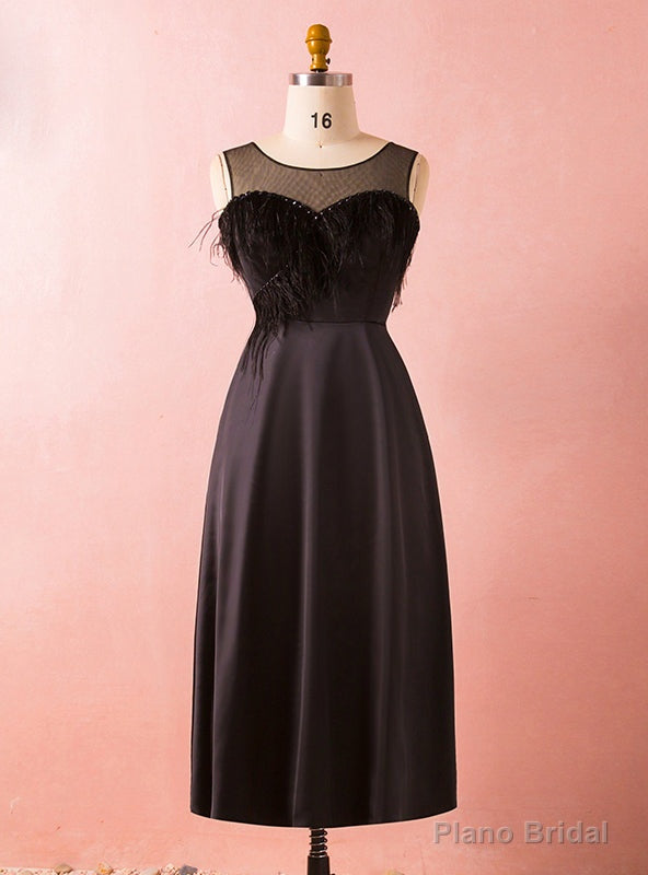 Plus Size Black Satin Short Little Black Prom Dress With Feather Main image