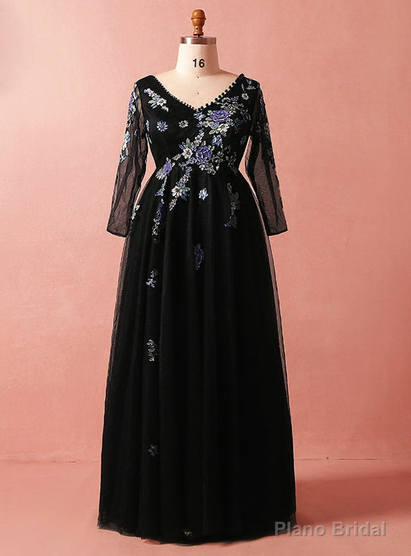Plus Size Black Tulle Embroidery Long Sleeve V-neck Prom Dress Main image