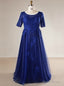 Plus Size Blue Tulle Appliques Short Sleeve Long Prom Dress