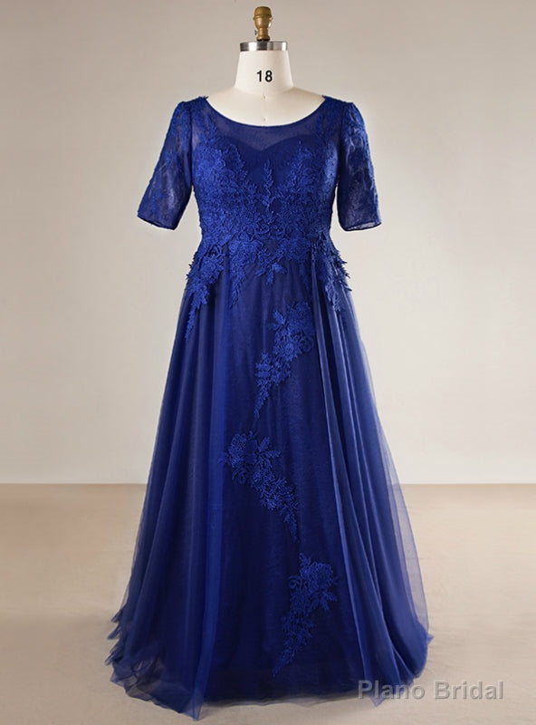 Plus Size Blue Tulle Appliques Short Sleeve Long Prom Dress Main image