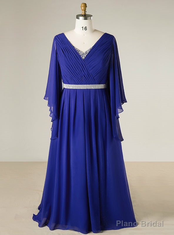 Plus Size Blue V-neck Chiffon Floor Length With Beading Prom Dress Main image