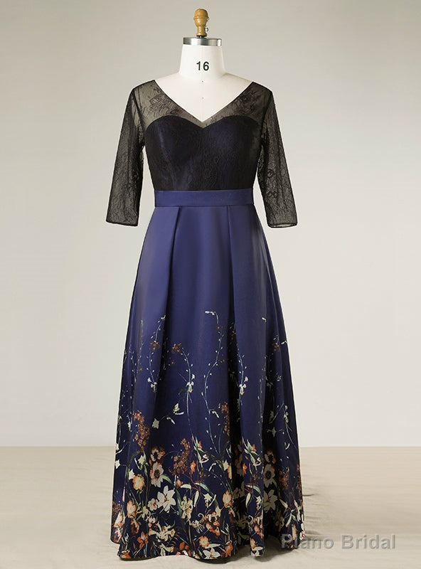 Plus Size Blue V-neck Print Satin Lace Short Sleeve Prom Dress