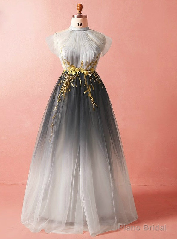 Plus Size Gray High Neck Tulle Appliques Prom Dress